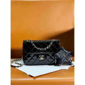 Chanel AS4646 MINI FLAP BAG & STAR COIN PURSE Zrcadlová telecí kůže  Metalická telecí kůže a zlatý kov Černá