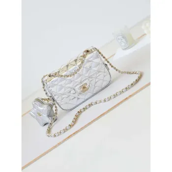 Chanel AS4646 MINI FLAP BAG & STAR COIN PURSE Zrcadlová telecí kůže  Metalická telecí kůže a zlatý kov Stříbrná