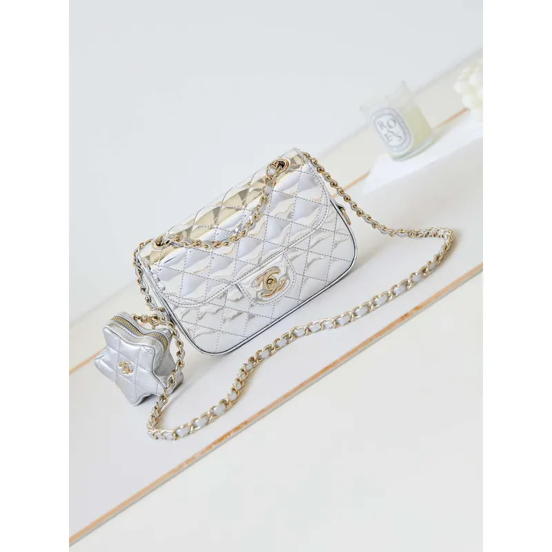 Chanel AS4646 MINI FLAP BAG & STAR COIN PURSE Zrcadlová telecí kůže  Metalická telecí kůže a zlatý kov Stříbrná