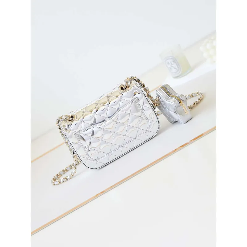 Chanel AS4646 MINI FLAP BAG & STAR COIN PURSE Zrcadlová telecí kůže  Metalická telecí kůže a zlatý kov Stříbrná