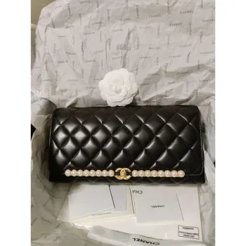 Chanel AS4455 CLUTCH Jehněčí kůže Imitace perel a zlato Kov Černá