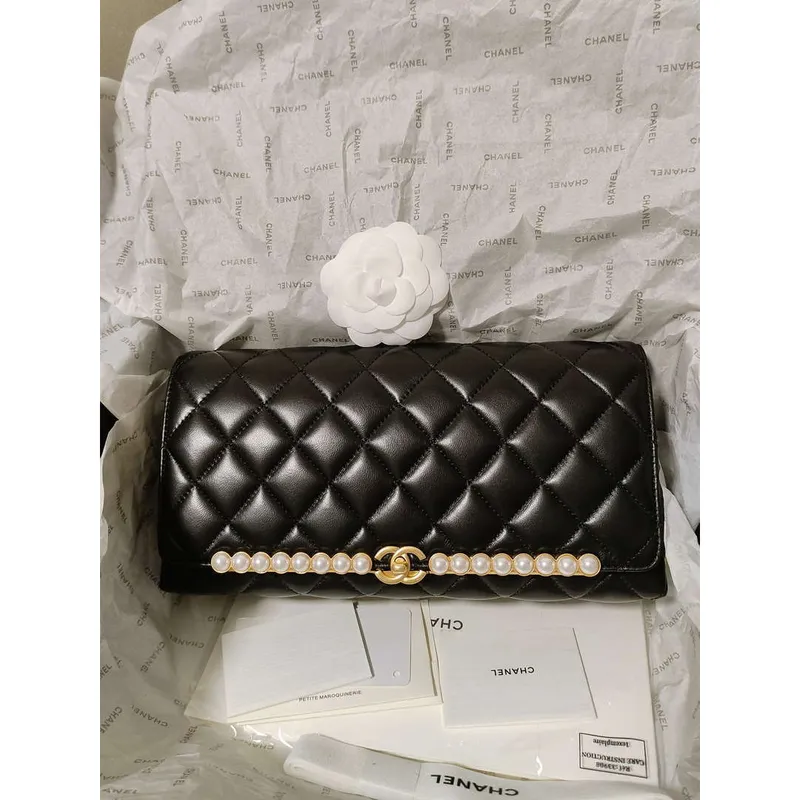 Chanel AS4455 CLUTCH Jehněčí kůže Imitace perel a zlato Kov Černá