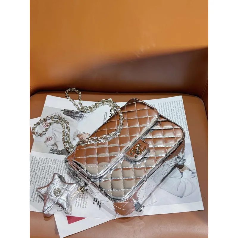 Chanel AS4649 BATOH & Hvězdná peněženka na mince Kovová telecí kůže a zlatý kov Stříbrná