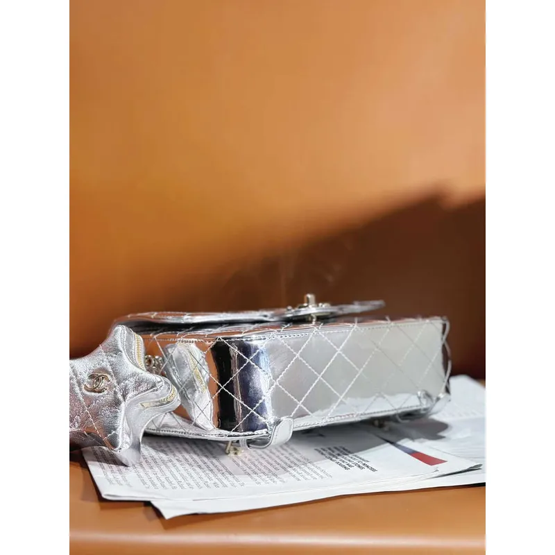 Chanel AS4649 BATOH & Hvězdná peněženka na mince Kovová telecí kůže a zlatý kov Stříbrná