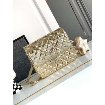 Chanel AS4649 BATOH & Hvězdná peněženka na mince Kovová telecí kůže a zlatý kov Světle zlatá