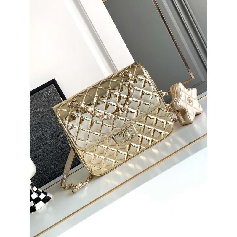 Chanel AS4649 BATOH & Hvězdná peněženka na mince Kovová telecí kůže a zlatý kov Světle zlatá