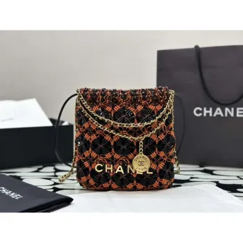 Chanel 22 AS3980 Mini kabelka Telecí kůže s uzlem a zlatými kovovými detaily Oranžová a černá