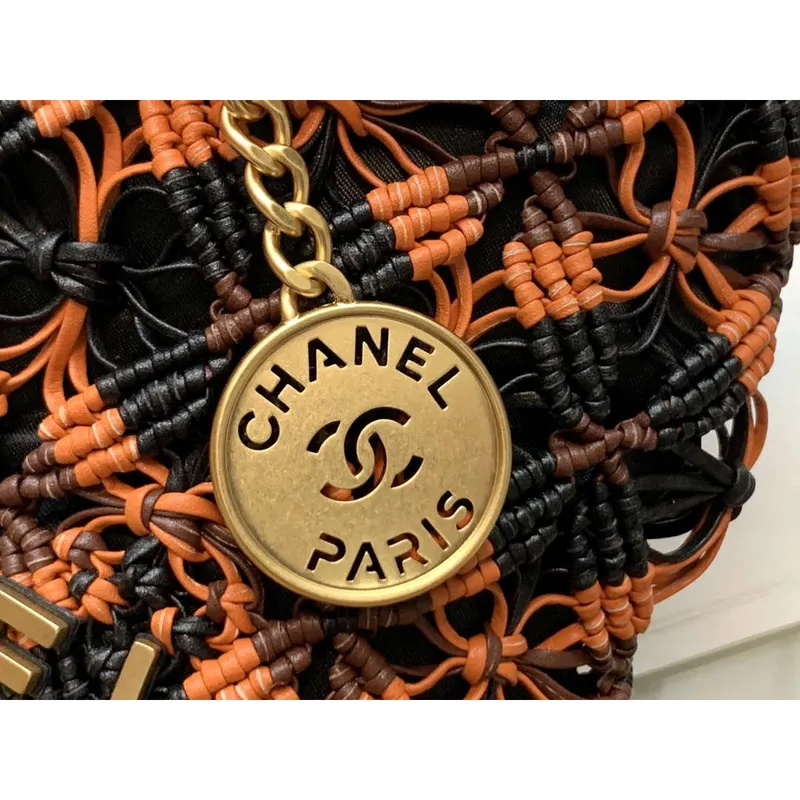 Chanel 22 AS3980 Mini kabelka Telecí kůže s uzlem a zlatými kovovými detaily Oranžová a černá
