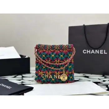 Chanel 22 AS3980 Mini kabelka Telecí kůže s uzlem a zlatými kovovými detaily Tmavě zelená a růžová