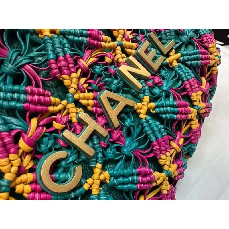 Chanel 22 AS3980 Mini kabelka Telecí kůže s uzlem a zlatými kovovými detaily Tmavě zelená a růžová