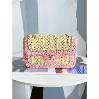 Chanel AS1116 Malá taška s klopou Raffia A69900 Béžová a růžová