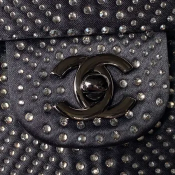 Chanel A01112 Klasická kabelka s klopou Sametová Krystalová perla Černá