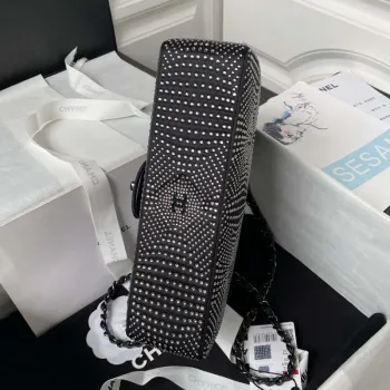 Chanel A01112 Klasická kabelka s klopou Sametová Krystalová perla Černá