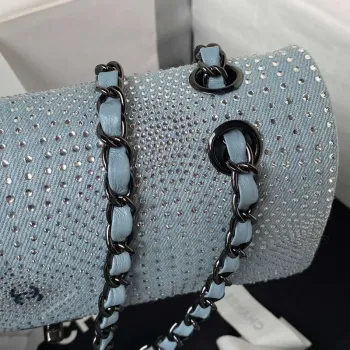 Chanel A01112 Klasická kabelka s klopou Sametová Krystalová perla Modrá