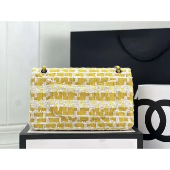 Chanel A01112 Klasická kabelka s klopou, vlněná a stříbrná kovová žlutá