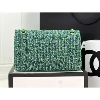 Chanel A01112 Klasická kabelka s klopou, vlněná a zlatá kovová zelená