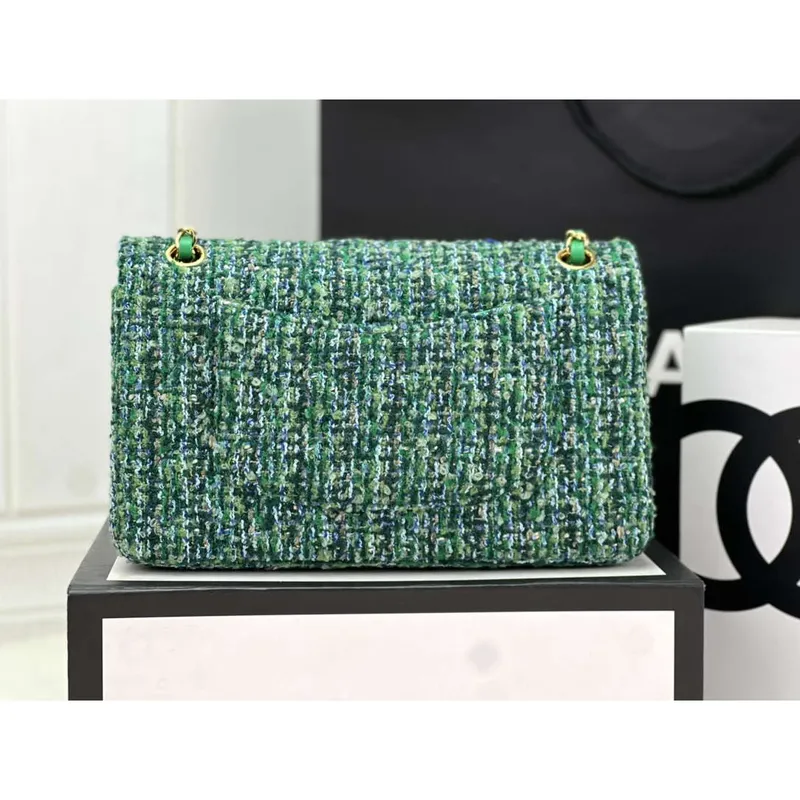 Chanel A01112 Klasická kabelka s klopou, vlněná a zlatá kovová zelená