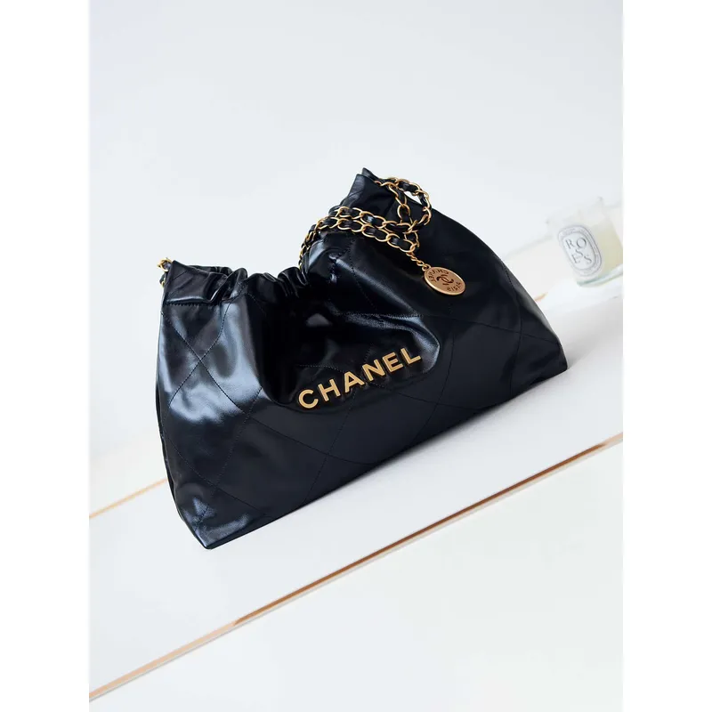 Chanel 22 Taška AS4486 Malá kabelka Lesklá telecí kůže Černá se zlatem