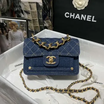Chanel AS4051 Taška s klopou Denim Canvas Zlatá Kovová Modrá