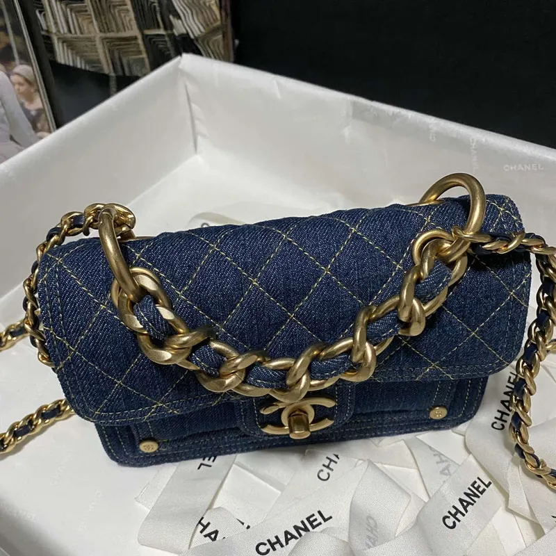 Chanel AS4051 Taška s klopou Denim Canvas Zlatá Kovová Modrá