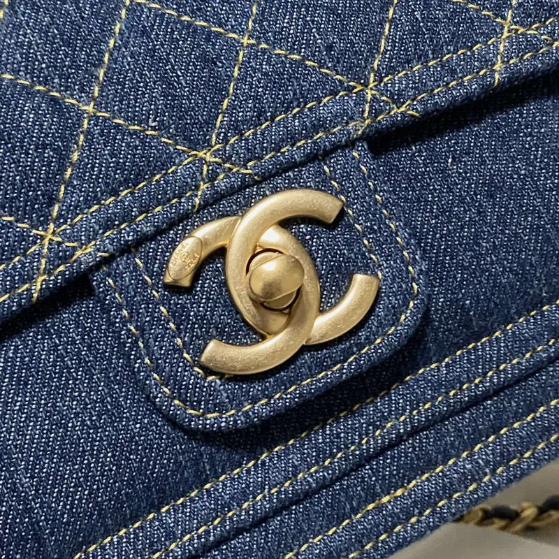 Chanel AS4051 Taška s klopou Denim Canvas Zlatá Kovová Modrá