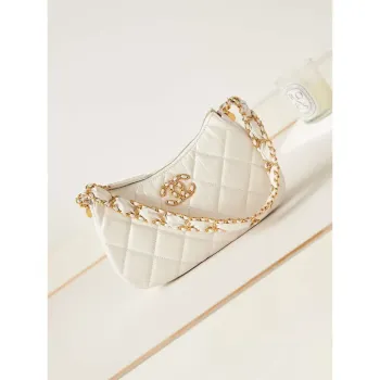 Chanel AS4422 23K Hobo taška z jehněčí kůže, zlatý kov, bílá