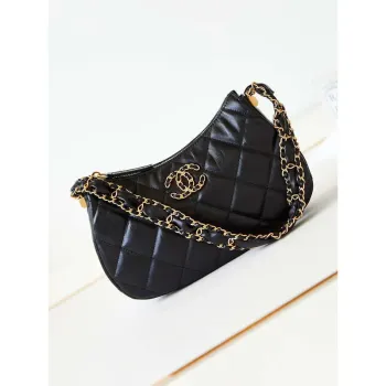 Chanel AS4422 23K Hobo taška z jehněčí kůže, zlatý kov, černá