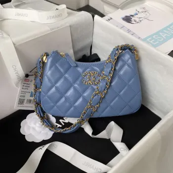 Chanel AP3647 23K Malá taška Hobo z jehněčí kůže, zlatá kovová, modrá