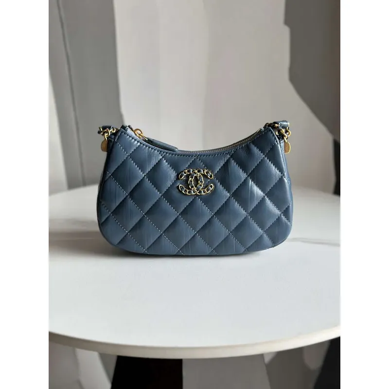 Chanel AP3647 23K Malá taška Hobo z jehněčí kůže, zlatý kov, tmavě modrá