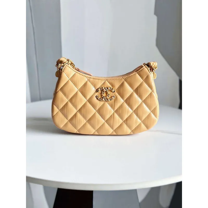 Chanel AP3647 23K Malá taška Hobo z jehněčí kůže, zlatý kov, hnědá