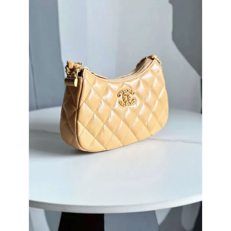 Chanel AP3647 23K Malá taška Hobo z jehněčí kůže, zlatý kov, hnědá