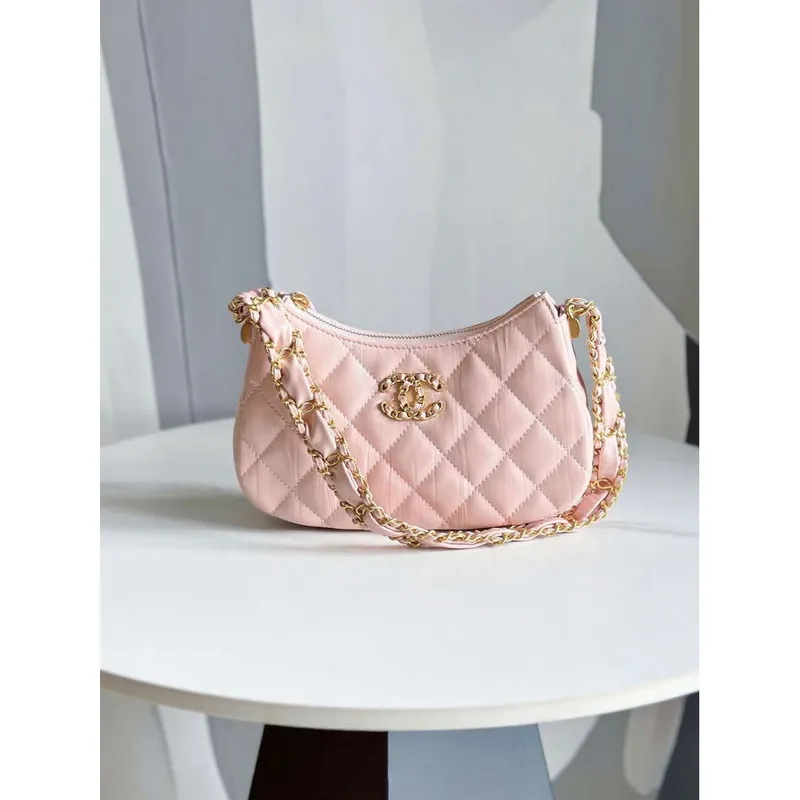 Chanel AP3647 23K Malá taška Hobo z jehněčí kůže, zlatý kov, růžová