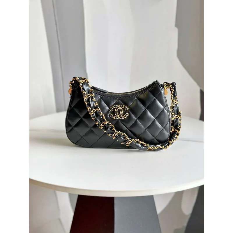 Chanel AP3647 23K Malá taška Hobo z jehněčí kůže, zlatý kov, černá