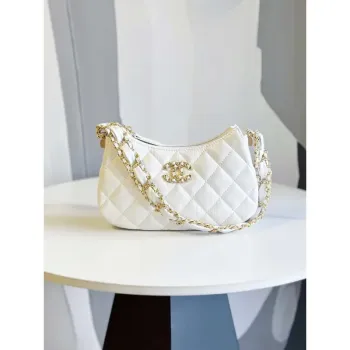 Chanel AP3647 23K Malá taška Hobo z jehněčí kůže, zlatý kov, bílá