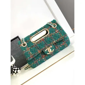 Chanel AS4221 velká taška s klopou a horním uchem, vlna a hedvábný tvíd, sklo a dřevěné perly