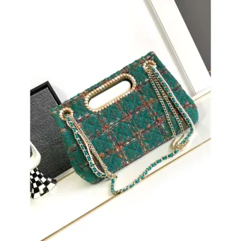 Chanel AS4221 velká taška s klopou a horním uchem, vlna a hedvábný tvíd, sklo a dřevěné perly