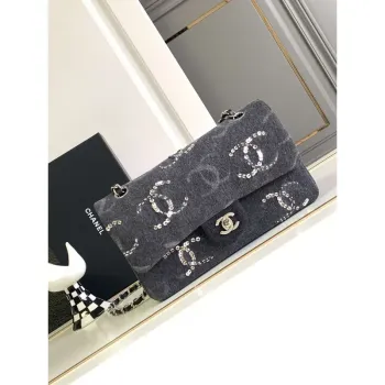 Chanel A01112 Klasická kabelka s klopou Šedá džínová kabelka s korálky a flitry