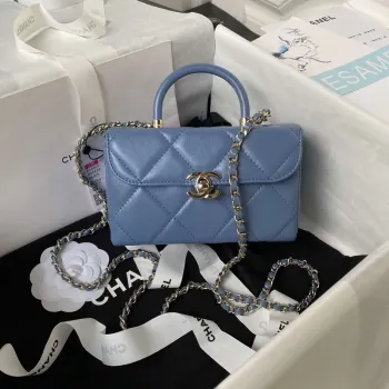 Chanel AS4469 Mini BOX taška z lesklé telecí kůže a zlatého kovu, modrá