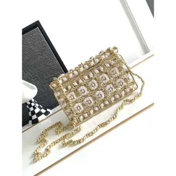 Chanel A90091 Limitovaná edice Pearl Metal CF večerní kabelka se zapínáním na klopě, zlatý kov