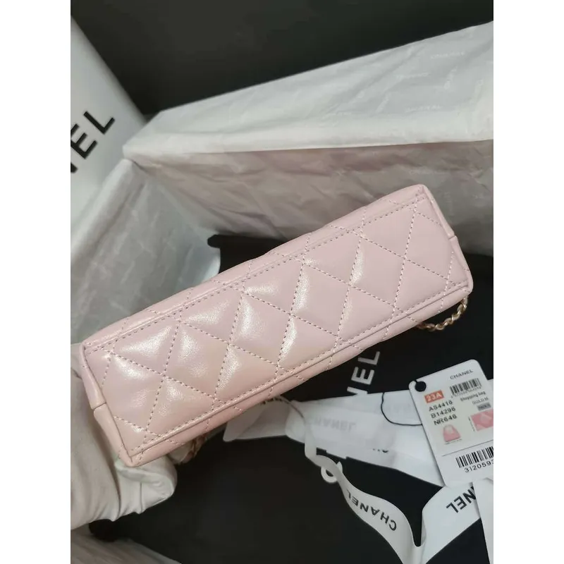 Chanel AS4416 Mini nákupní taška z lesklé staré telecí kůže, zlatý kov, světle růžová