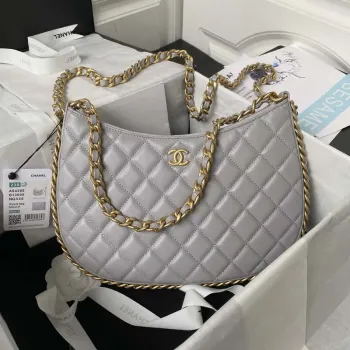 Chanel AS4368 Velká taška HOBO z lesklé zmačkané jehněčí kůže a zlatého kovu v šedé barvě