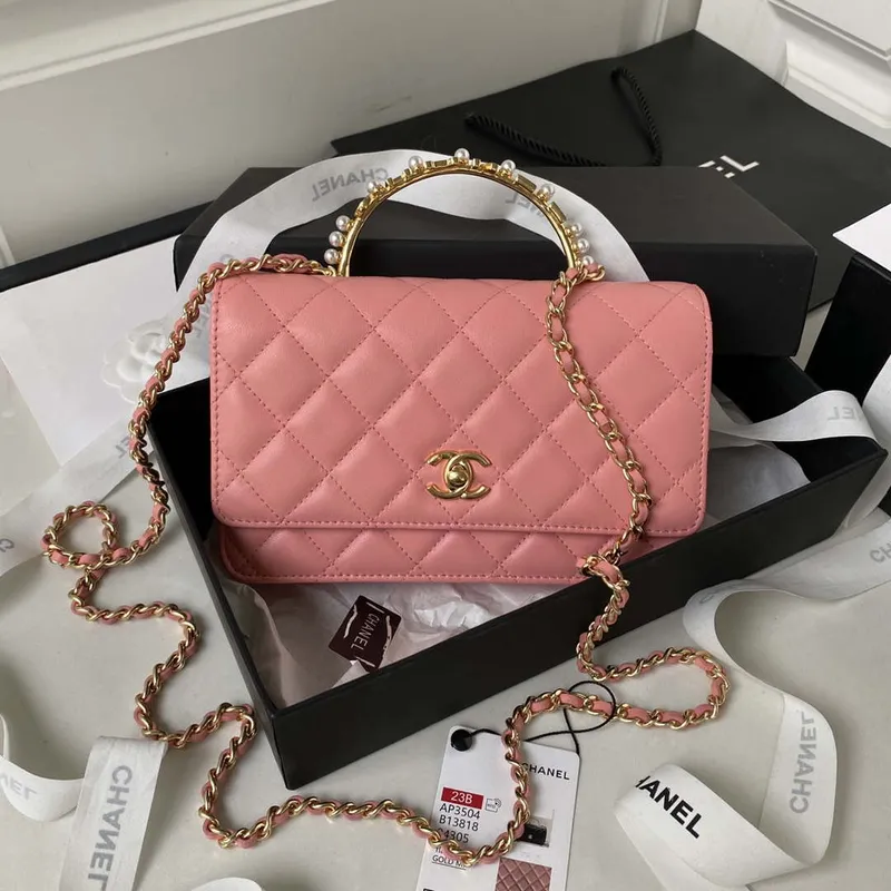 Chanel AP3504 Woc Peněženka na řetízku z jehněčí kůže Imitace perel Strass & Gold Pink