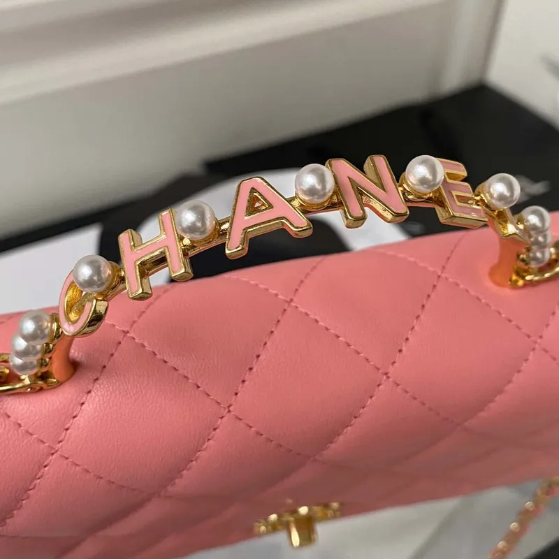 Chanel AP3504 Woc Peněženka na řetízku z jehněčí kůže Imitace perel Strass & Gold Pink