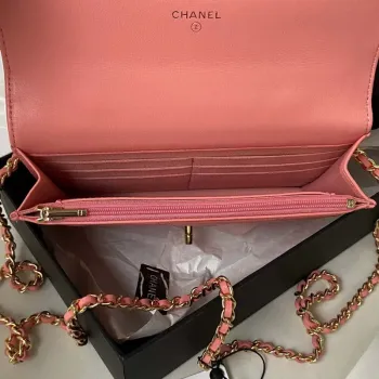 Chanel AP3504 Woc Peněženka na řetízku z jehněčí kůže Imitace perel Strass & Gold Pink