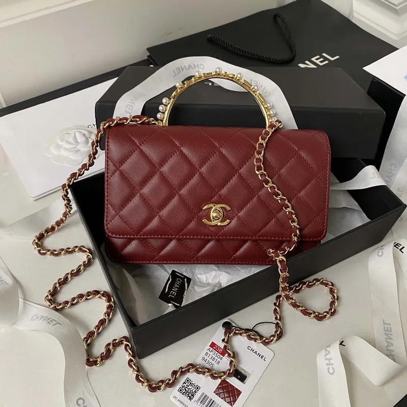 Chanel AP3504 Woc Peněženka na řetízku z jehněčí kůže Imitace perel Strass & Gold Wine Red