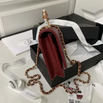 Chanel AP3504 Woc Peněženka na řetízku z jehněčí kůže Imitace perel Strass & Gold Wine Red