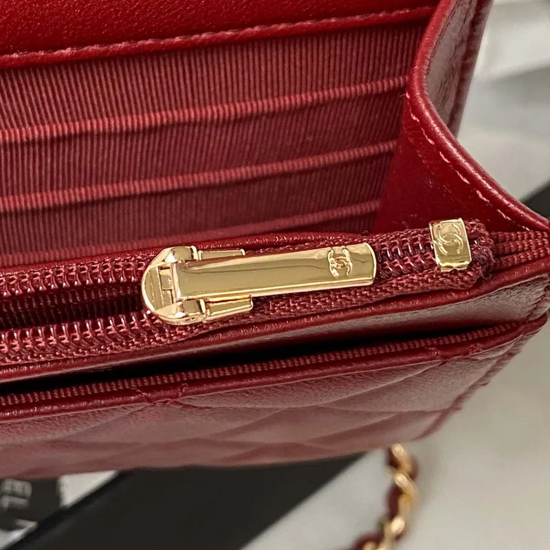 Chanel AP3504 Woc Peněženka na řetízku z jehněčí kůže Imitace perel Strass & Gold Wine Red