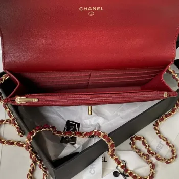 Chanel AP3504 Woc Peněženka na řetízku z jehněčí kůže Imitace perel Strass & Gold Wine Red