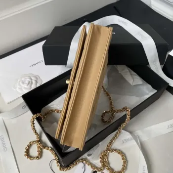 Chanel AP3504 Woc Peněženka na řetízku z jehněčí kůže Imitace perel Strass & Gold Apricot