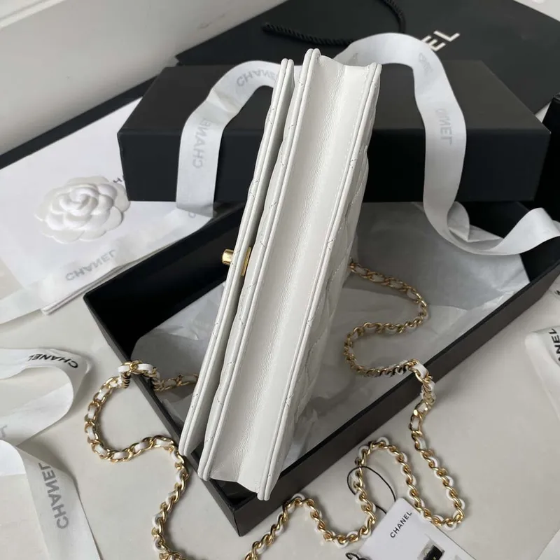 Chanel AP3504 Woc Peněženka na řetízku z jehněčí kůže Imitace perel Strass & Gold bílá